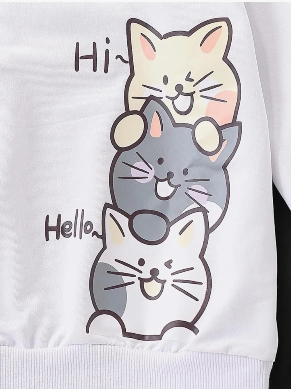 Girls White Hoodie & Black Joggers Set with Cute Cat Stack Graphic
